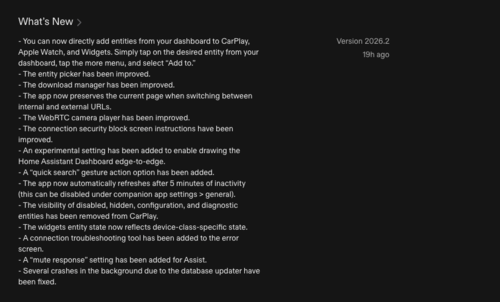 Het wijzigingslogboek voor de iOS-app Home Assistant versie 2026.2