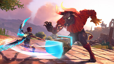 Een afbeelding van een gevecht tegen een minotaurus in Immortals Fenyx Rising.