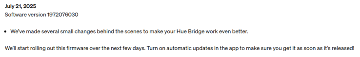 De release notes voor de Philips Hue Bridge firmware versie 1972076030. (Afbeeldingsbron: Philips Hue)