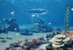 InZOI Island Getaway gratis DLC snorkelen screenshot toont haaien en vissen in ondiep water