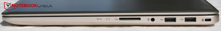 Rechterkant: Kensington, 2x USB-A, audiopoort, SD-kaartlezer, status LED's