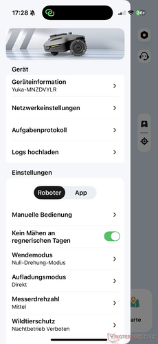 Menu met verschillende instellingen
