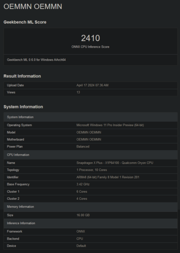 Snapdragon X Plus X1P64100 Geekbench scores (afbeelding via Geekbench)