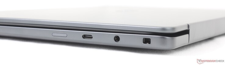 Rechts: SIM-sleuf (optioneel), USB-C 3.2 Gen. 2 (20 Gbos) met DisplayPort 1.4 + Power Delivery, 3,5 mm-hoofdtelefoonaansluiting, Noble-slot