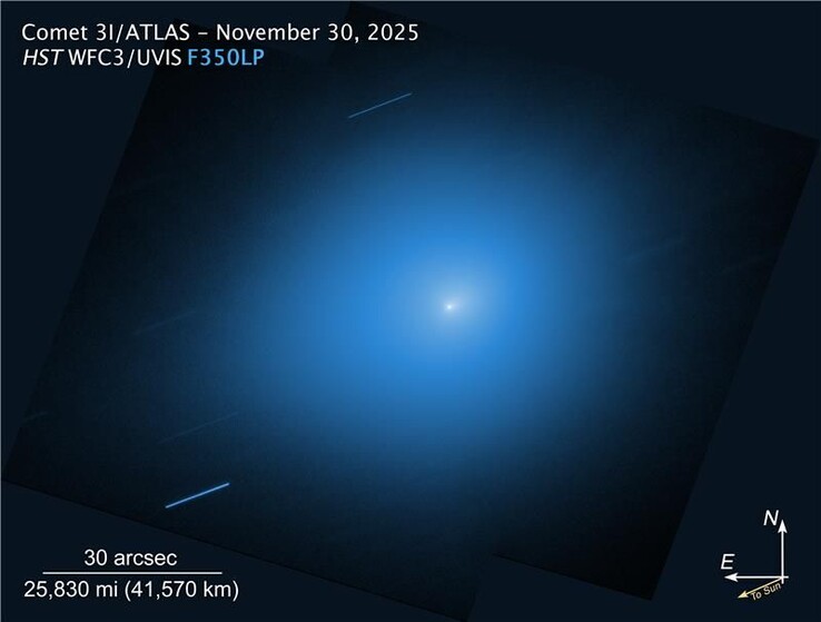 Foto genomen door de Hubble ruimtetelescoop op 30 november 2025, waarop komeet 3I/ATLAS te zien is. (Beeldbron: NASA, ESA, STScI, D. Jewitt (UCLA), M.-T. Hui (Shanghai Astronomical Observatory). Beeldbewerking: J. DePasquale (STScI))