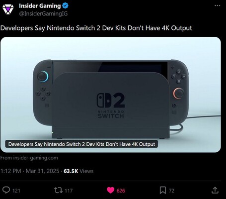Insider Gaming Switch 2 dev kit mist 4K X post (Afbeeldingsbron: screenshot, Insider Gaming X account)
