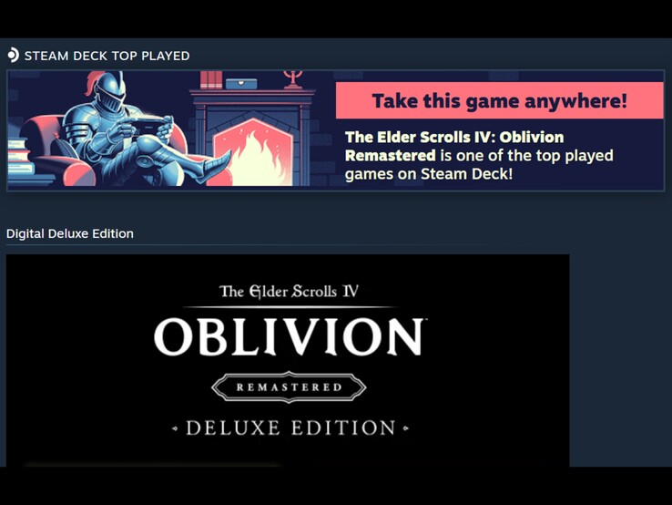 Een schermafbeelding van een Steam-advertentiebanner waarin The Elder Scrolls IV: Oblivion Remastered wordt aangeprezen als een van de meest gespeelde spellen op de Steam Deck.