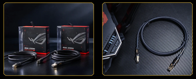 Asus ROG Zoom. Een dichtgevlochten mantel beschermt de kabel tegen slijtage en trekkrachten, terwijl de RJ-45-connectoren zijn voorzien van vergulde koperen afscherming.
