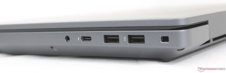 Rechts: 3,5 mm headset, USB-C Thunderbolt 4 (40 Gbps) met DisplayPort 2.1 + Power Delivery, USB-A 3.2 Gen. 1, vergrendelingssleuf