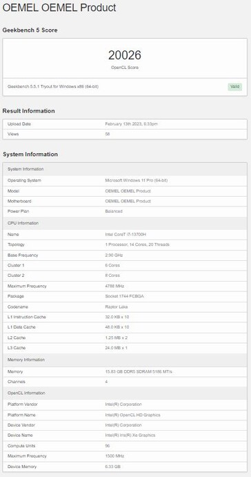 Met een Core i7-13700H en 16 GB geheugen. (Bron: Geekbench)