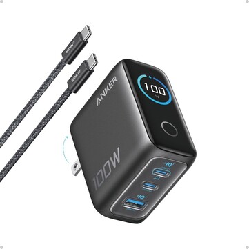 De Anker-oplader (100W, 3 poorten, Smart Display) wordt geleverd met twee USB-C-poorten, één USB-A-poort, opvouwbare pinnen en een meegeleverde USB-C-kabel. (Afbeeldingsbron: Anker)