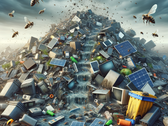 Enorme stapels oude smartphones, laptops, tv's, zonnepanelen en andere elektronica bedreigen onze planeet volgens het ITU & UN Global e-Waste Monitor Report voor 2024. (Bron: AI-afbeelding Dall-E 3)