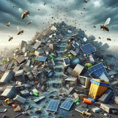 Enorme stapels oude smartphones, laptops, tv's, zonnepanelen en andere elektronica bedreigen onze planeet volgens het ITU & UN Global e-Waste Monitor Report voor 2024. (Bron: AI-afbeelding Dall-E 3)