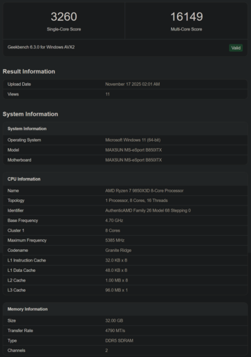 Ryzen 7 9850X3D Geekbench notering (bron: Geekbench)