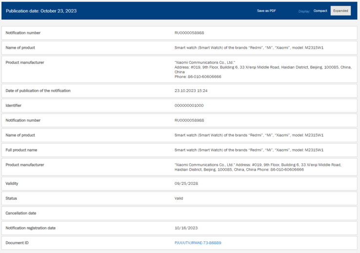 De EEG-certificering voor een Redmi smartwatch met modelnummer M2315W1. (Afbeeldingsbron: NRRA)