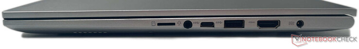 Rechts: microSD-lezer, 3,5 mm combo audio-aansluiting, USB 3.2 Gen1 Type-C, USB 3.2 Gen1 Type-A, HDMI 1.4-out, DC-in