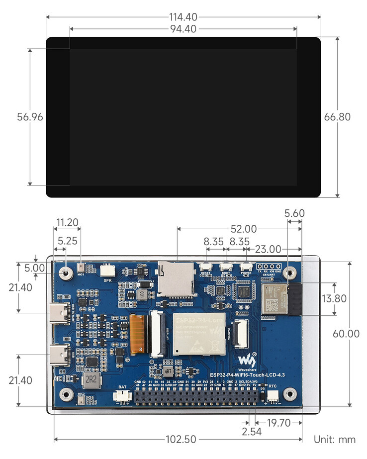 Mechanische tekening van het 4,3 inch ESP32-P4 aanraakscherm met gedetailleerde afmetingen van printplaat en behuizing (in mm)