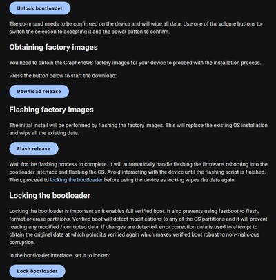 Net als bij de online hersteltool Pixel is 4 klikken via een online installatieprogramma alles wat nodig is om Graphene geïnstalleerd te krijgen (Afbeelding Bron: GrapheneOS)