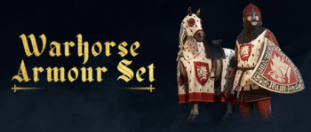 De Warhorse Pantserset bevat de Bascinet, Boots, Caparison, Gauntlets, Leg Armor, Pourpoint, Shield en Waffenrock. (Afbeelding Bron : Warhorse Studios)