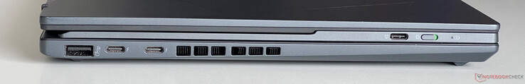 Links: USB-A 3.2 Gen.1 (5 Gbit/s), 2x USB-C 4.0 met Thunderbolt 4 (40 GBit/s, DisplayPort, Power Delivery), USB-C (voor het opladen van het Bluetooth-toetsenbord)