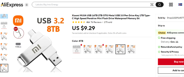 De vermelding van de pen drive (Afbeeldingsbron: Screenshot - Notebookcheck / Aliexpress)
