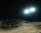 Een artistieke weergave van twee neutronensterren en een planeet.