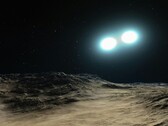 Een artistieke weergave van twee neutronensterren en een planeet.