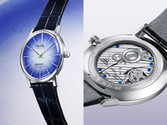 De wijzerplaat van de Credor GCBY991 Goldfeather (links) en het met de hand opgewonden kaliber 6890 (rechts), afgebeeld tegen een blauw-witte achtergrond. (Afbeeldingsbron: Credor - bewerkt)