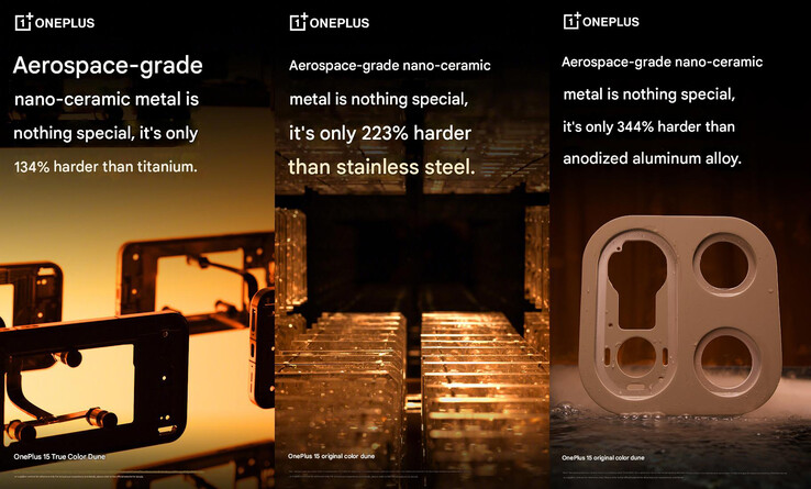 Hardheidsclaims van de aerospace-grade nano-keramische metalen behuizing van de OnePlus 15 (Afbeelding bron: OnePlus - machinaal vertaald)