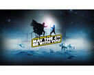 Een promotionele afbeelding voor de Steam Star Wars Day Sale met Darth Vade en Luke Skywalker verwikkeld in een lichtzwaardgevecht met promotietekst bovenaan. (Afbeelding Bron: Steam)