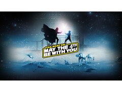 Een promotionele afbeelding voor de Steam Star Wars Day Sale met Darth Vade en Luke Skywalker verwikkeld in een lichtzwaardgevecht met promotietekst bovenaan. (Afbeelding Bron: Steam)