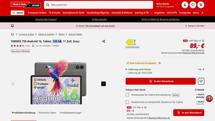 De Tabwee T50 wordt in meerdere regio's op de markt gebracht met 6 GB RAM en 128 GB opslag.