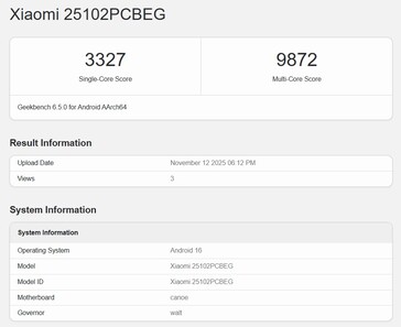 POCO F8 Ultra op Geekbench