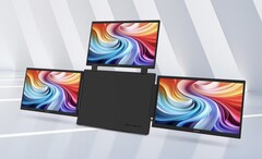 De afbeelding toont de draagbare monitor Acer PD163Q-P3 met een centrale behuizing die aan de zijkanten wordt omringd door drie 1080p-schermen van 15,6 inch