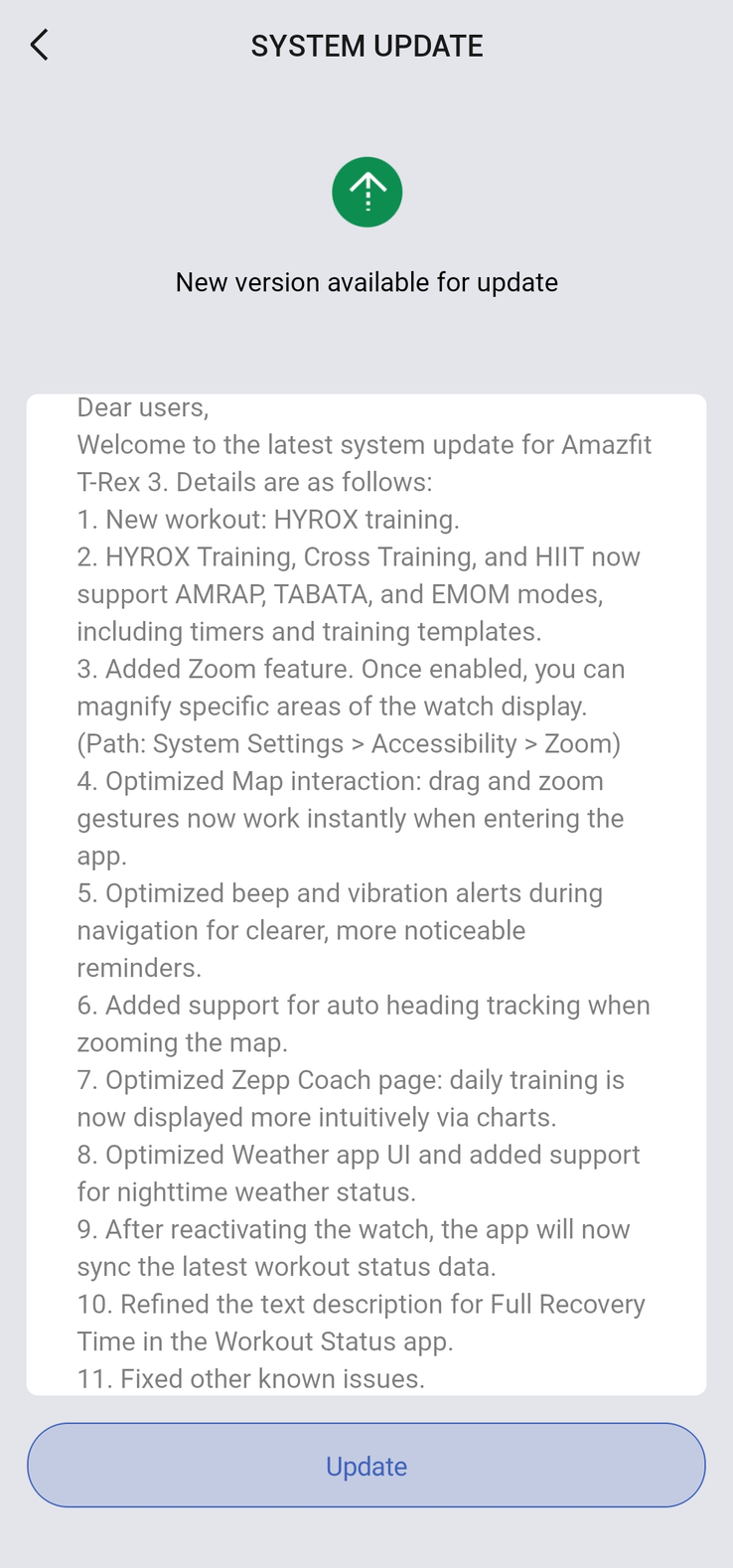 De release notes voor versie 3.9.4.4 voor de T-Rex 3 smartwatch. (Afbeeldingsbron: Amandeepxreal via Reddit)