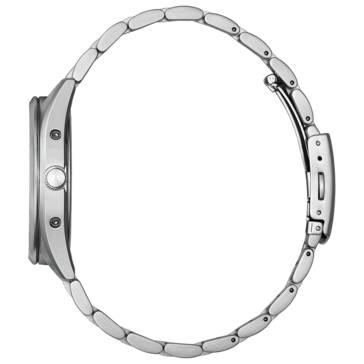Zijaanzicht van de Citizen CB0300-53, waarop de dikte van de kast en de armband te zien is.