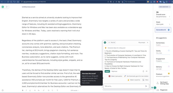 Webgebaseerde Grammarly-editor met Generatieve AI-functies in actie (Bron: Eigen)