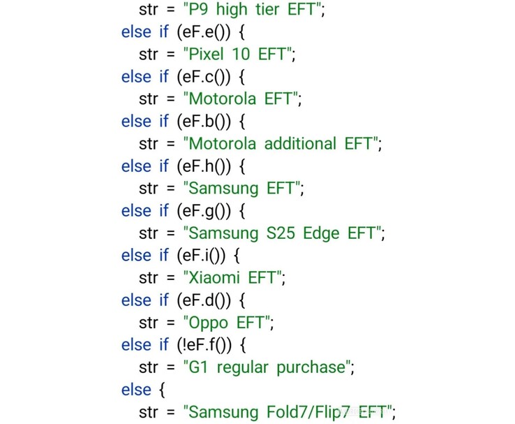 Codefragment met APK teardown met verwijzingen naar Pixel 10, Samsung Fold7/Flip7, S25 Edge en andere Android apparaten die in aanmerking komen voor Gemini AI Pro proefversie. (Afbeeldingsbron: AssembleDebug via Android Authority)
