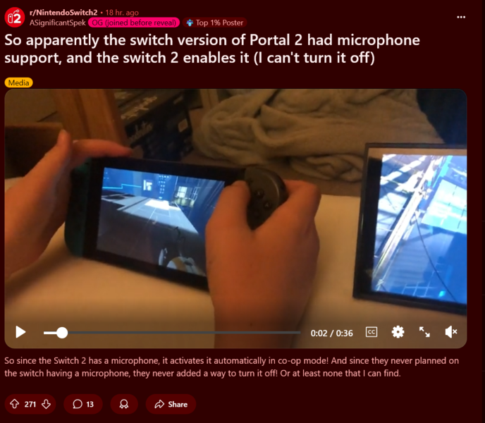 Portal 2 Switch 2 altijd aan microfoon gedemonstreerd (beeldbron: screenshot, Nintendo Switch 2 subreddit)