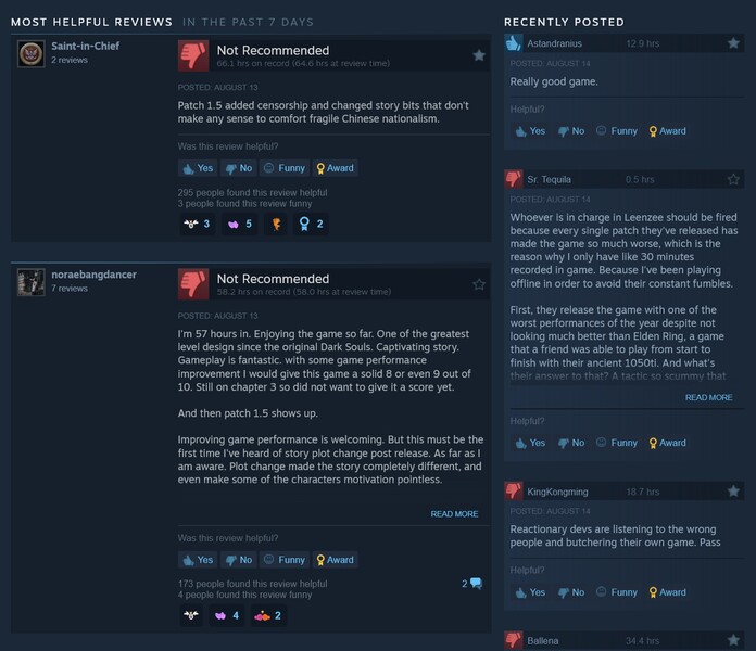 Wuchang: Fallen Feathers recente Steam-beoordelingen (Afbeelding bron: screenshot, Steam)