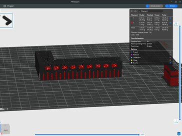 Mini vierkant gesneden voorbeeld in Elegoo Slicer op Windows met geschatte afdruktijd en kleurwijzigingen.