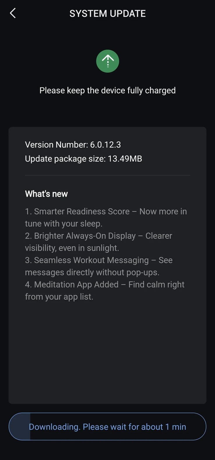 De release notes voor softwareversie 6.0.12.3 voor de Amazfit Active 2 smartwatch. (Afbeeldingsbron: u/sidneylopsides via Reddit)