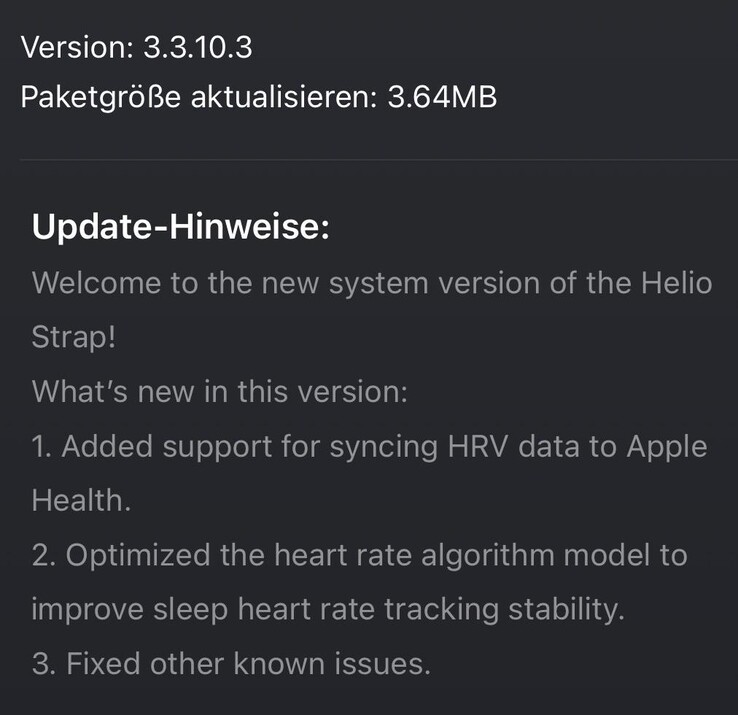 De release notes voor versie 3.3.10.3 voor de Amazfit Helio Strap. (Afbeeldingsbron: Reddit)