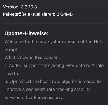De release notes voor versie 3.3.10.3 voor de Amazfit Helio Strap. (Afbeeldingsbron: Reddit)