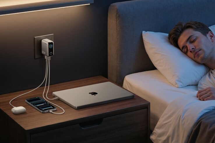 De Anker Charger (100W, 3 Ports, Smart Display) levert genoeg stroom om een MacBook, iPhone en AirPods tegelijk van stroom te voorzien. (Afbeeldingsbron: Anker)