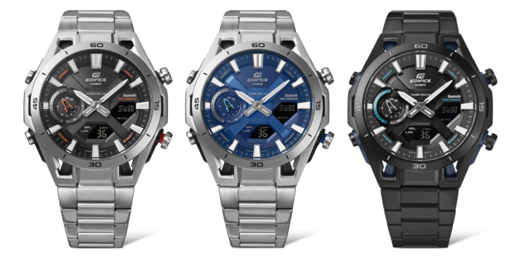 Van links naar rechts: de Casio Edifice ECB-2300D-1A, ECB-2300D-2A en ECB-2300DC-1A horloges (Afbeelding bron: Ersa Watch, bewerkt)