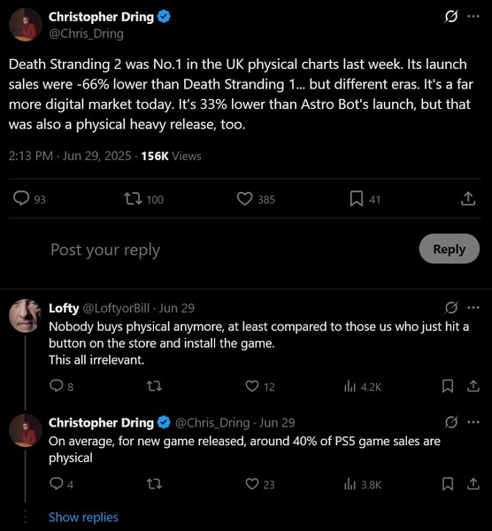 Bericht van Christopher Dring X over de verkoop van Death Stranding 2 (Afbeelding bron: Christopher Dring X account)