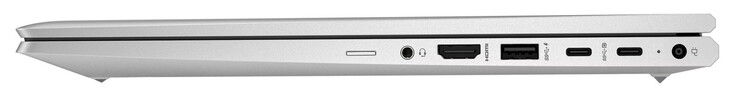 Rechterkant: SIM-kaartlezer (optioneel), audio combo, HDMI, USB 3.2 Gen 1 (USB-A), 2x USB 3.2 Gen 2 (USB-C; Power Delivery, DisplayPort), stroomaansluiting