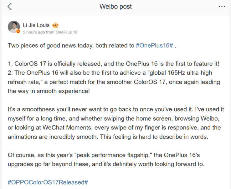 Li Jie heeft bevestigd dat de OnePlus 16 en ColorOS 17 standaard een wereldwijde verversingssnelheid van 165 Hz bieden.