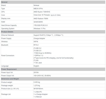 Specificaties van de mini PC (Afbeelding bron: Banggood)